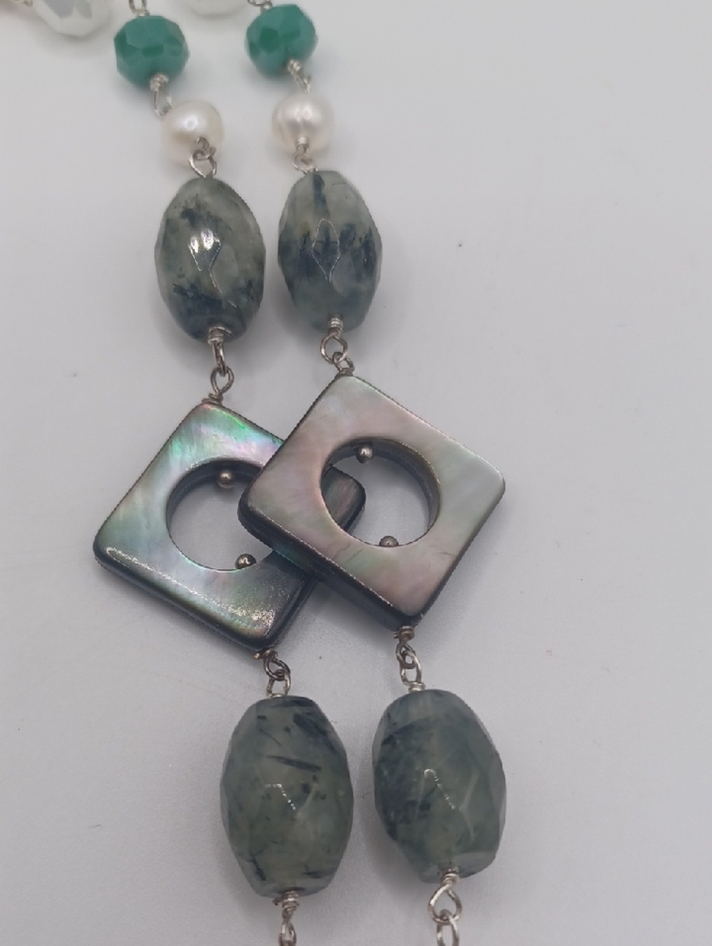 Vantel Pearls Prehnite, Abalone, Pearl, And Glass Crystal Station Necklace - Picture 6 of 7